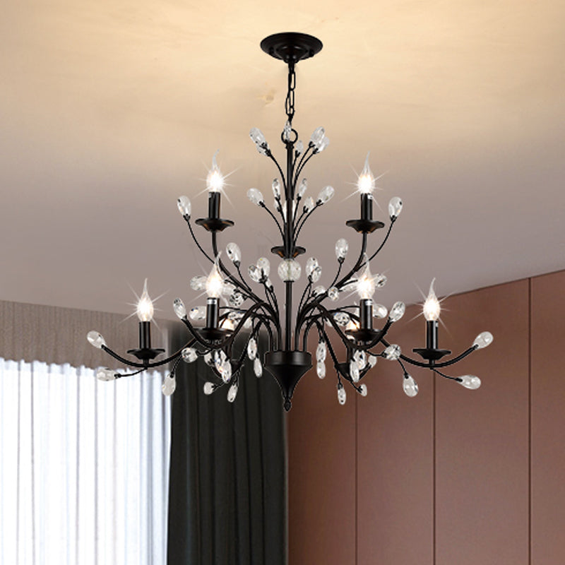 3/6/9 Lights Dining Room Chandelier Lamp Modern Black Floral Iron Pendant Light with Crystal Draping Clearhalo 'Ceiling Lights' 'Chandeliers' 'Modern Chandeliers' 'Modern' Lighting' 225050