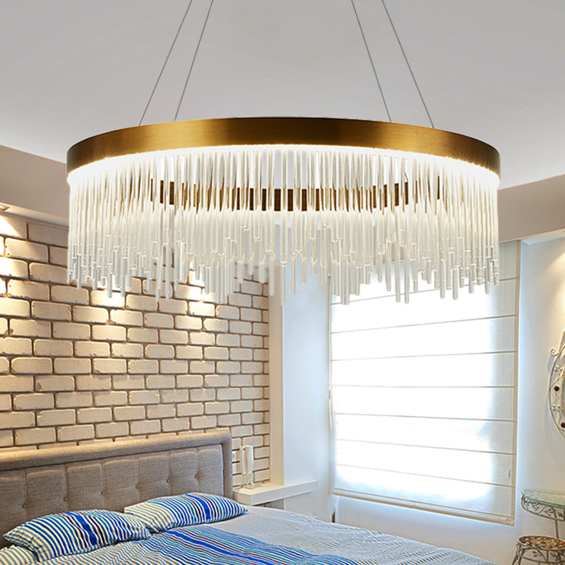 16"/23.5"/31.5" Dia Simple Ring Crystal Icicles Chandelier LED Bedroom Hanging Ceiling Light in Gold Gold 23.5" Clearhalo 'Ceiling Lights' 'Chandeliers' 'Modern Chandeliers' 'Modern' Lighting' 225073