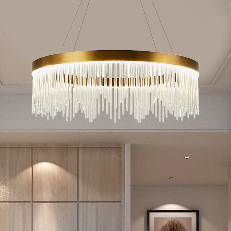 16"/23.5"/31.5" Dia Simple Ring Crystal Icicles Chandelier LED Bedroom Hanging Ceiling Light in Gold Gold 16" Clearhalo 'Ceiling Lights' 'Chandeliers' 'Modern Chandeliers' 'Modern' Lighting' 225074