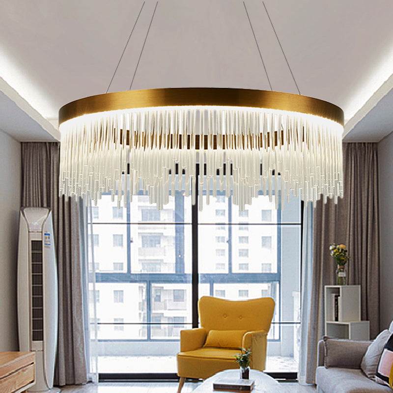 16"/23.5"/31.5" Dia Simple Ring Crystal Icicles Chandelier LED Bedroom Hanging Ceiling Light in Gold Clearhalo 'Ceiling Lights' 'Chandeliers' 'Modern Chandeliers' 'Modern' Lighting' 225075