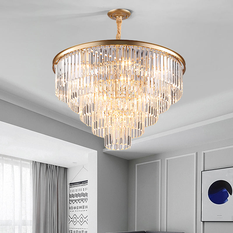 Black/Gold Adjustable Tapered Chandelier Lamp Minimalist 6/9/15-Light Crystal Pendant Lighting, 19.5"/23.5"/31.5" W Gold 31.5" Clearhalo 'Ceiling Lights' 'Chandeliers' 'Modern Chandeliers' 'Modern' Lighting' 225099