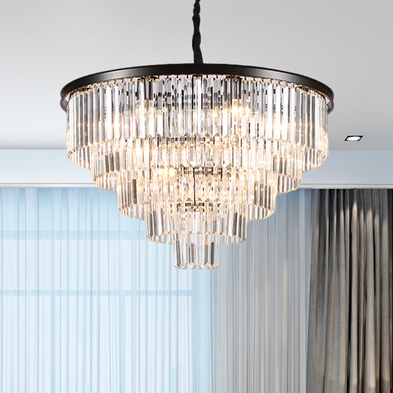 Black/Gold Adjustable Tapered Chandelier Lamp Minimalist 6/9/15-Light Crystal Pendant Lighting, 19.5"/23.5"/31.5" W Black 31.5" Clearhalo 'Ceiling Lights' 'Chandeliers' 'Modern Chandeliers' 'Modern' Lighting' 225100