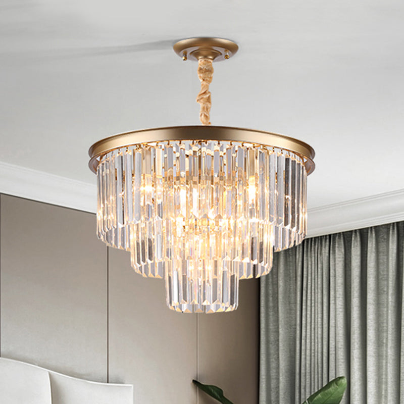 Black/Gold Adjustable Tapered Chandelier Lamp Minimalist 6/9/15-Light Crystal Pendant Lighting, 19.5"/23.5"/31.5" W Gold 23.5" Clearhalo 'Ceiling Lights' 'Chandeliers' 'Modern Chandeliers' 'Modern' Lighting' 225102