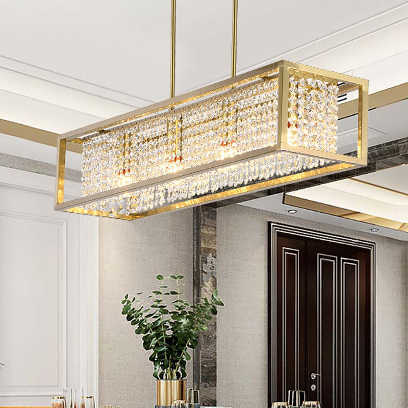 Cuboid Island Pendant Contemporary Iron Frame 4 Lights Chrome/Gold Chandelier with Clear Crystal Drops Gold Clearhalo 'Ceiling Lights' 'Island Lights' Lighting' 225141