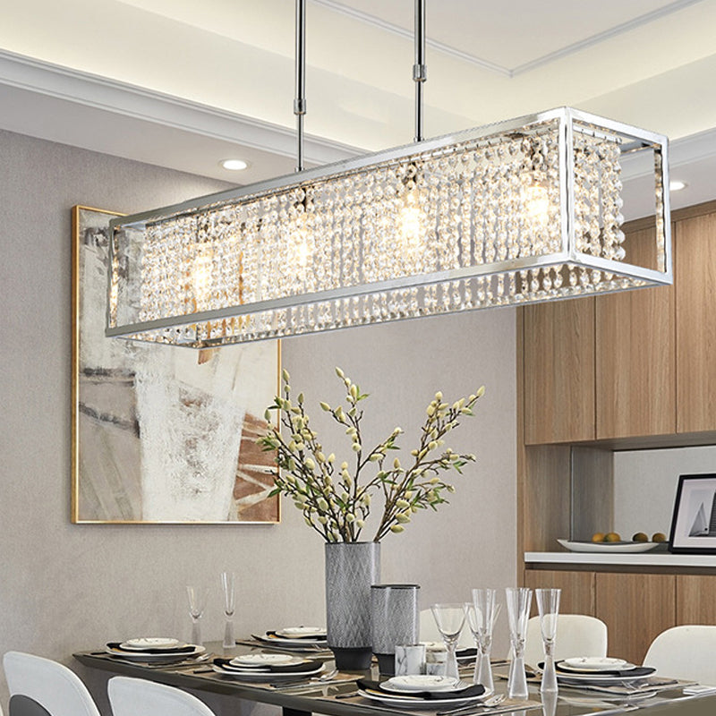 Cuboid Island Pendant Contemporary Iron Frame 4 Lights Chrome/Gold Chandelier with Clear Crystal Drops Chrome Clearhalo 'Ceiling Lights' 'Island Lights' Lighting' 225142