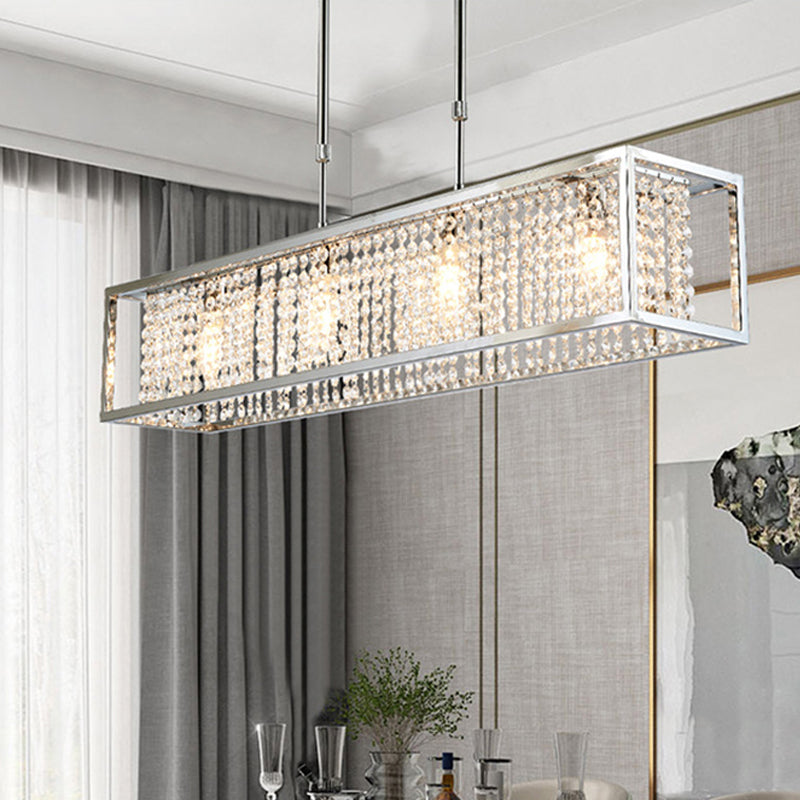 Cuboid Island Pendant Contemporary Iron Frame 4 Lights Chrome/Gold Chandelier with Clear Crystal Drops Clearhalo 'Ceiling Lights' 'Island Lights' Lighting' 225143