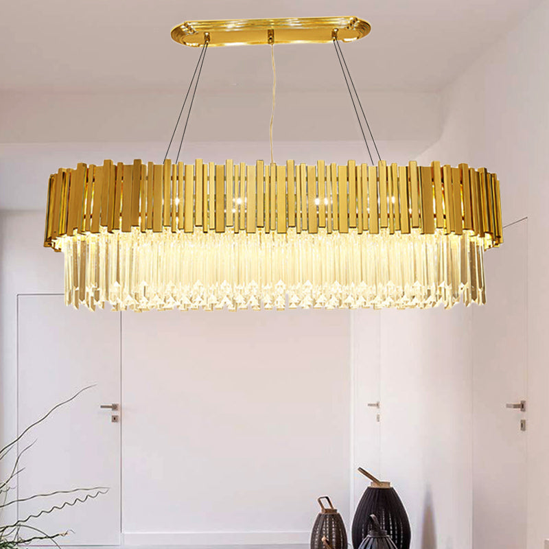 26"/35.5"/39" W Modern Oblong Layered Metal Chandelier Lamp 6-Light Golden Hanging Light with Crystal Icicles Gold 35.5" Clearhalo 'Ceiling Lights' 'Island Lights' Lighting' 225169