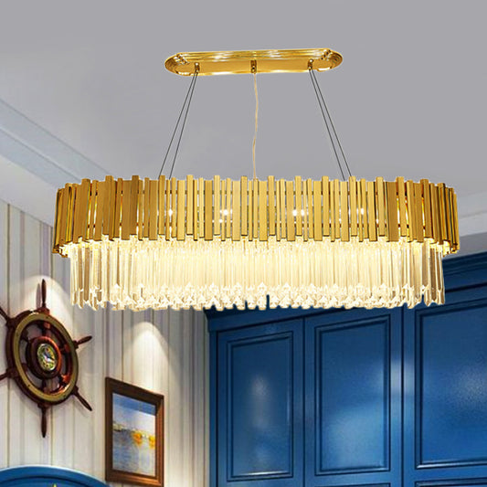 26"/35.5"/39" W Modern Oblong Layered Metal Chandelier Lamp 6-Light Golden Hanging Light with Crystal Icicles Gold 39" Clearhalo 'Ceiling Lights' 'Island Lights' Lighting' 225170