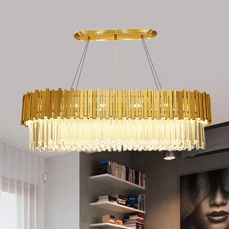 26"/35.5"/39" W Modern Oblong Layered Metal Chandelier Lamp 6-Light Golden Hanging Light with Crystal Icicles Gold 26" Clearhalo 'Ceiling Lights' 'Island Lights' Lighting' 225171