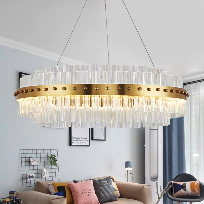 19.5"/23.5"/27.5" W LED Living Room Ceiling Pendant Light Modernist Gold Chandelier with Dual-Layered Clear Glass Shade Gold 27.5" Clearhalo 'Ceiling Lights' 'Chandeliers' 'Modern Chandeliers' 'Modern' Lighting' 225183