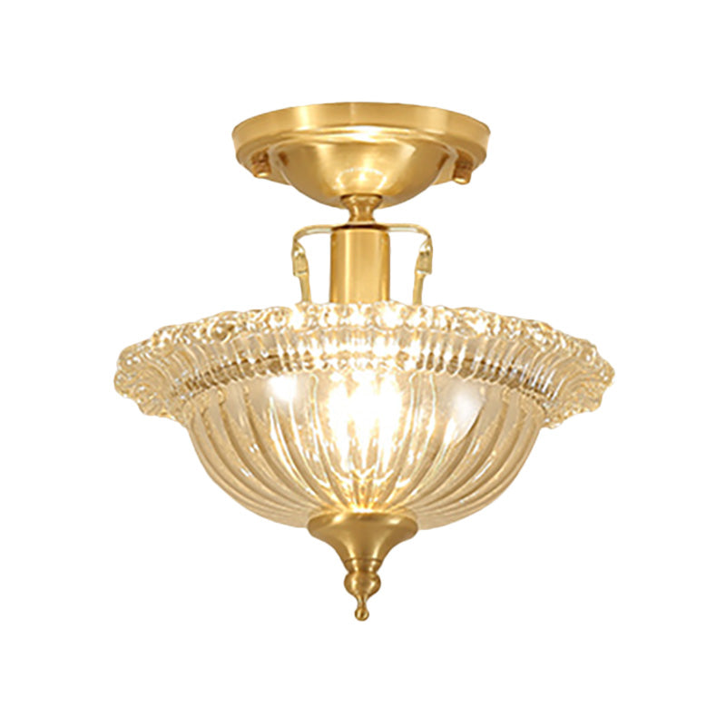 Flared Semi Flush Contemporary Ruffle Glass Shaded 1 Light Brass Ceiling Flush Mount Clearhalo 'Ceiling Lights' 'Close To Ceiling Lights' 'Close to ceiling' 'Semi-flushmount' Lighting' 225203