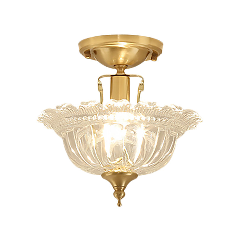 Flared Semi Flush Contemporary Ruffle Glass Shaded 1 Light Brass Ceiling Flush Mount Clearhalo 'Ceiling Lights' 'Close To Ceiling Lights' 'Close to ceiling' 'Semi-flushmount' Lighting' 225206