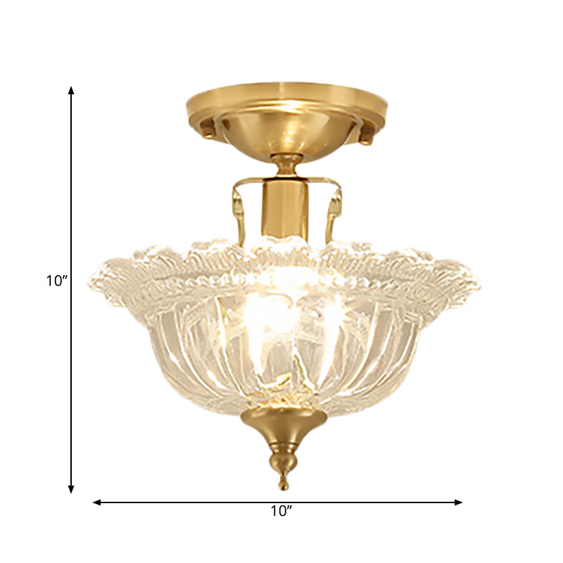 Flared Semi Flush Contemporary Ruffle Glass Shaded 1 Light Brass Ceiling Flush Mount Clearhalo 'Ceiling Lights' 'Close To Ceiling Lights' 'Close to ceiling' 'Semi-flushmount' Lighting' 225207