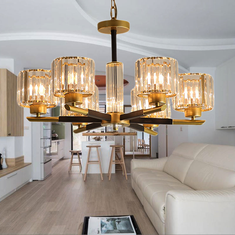 Modern Ribbed Cylinder Chandelier Pendant Clear Crystal 3/6/8-Head Bedroom Hanging Lamp Kit 6 Gold Clearhalo 'Ceiling Lights' 'Chandeliers' 'Modern Chandeliers' 'Modern' Lighting' 225246