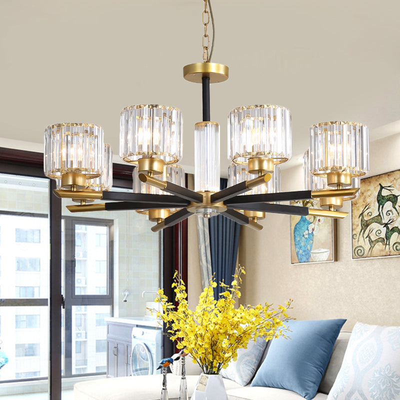 Modern Ribbed Cylinder Chandelier Pendant Clear Crystal 3/6/8-Head Bedroom Hanging Lamp Kit 8 Gold Clearhalo 'Ceiling Lights' 'Chandeliers' 'Modern Chandeliers' 'Modern' Lighting' 225248