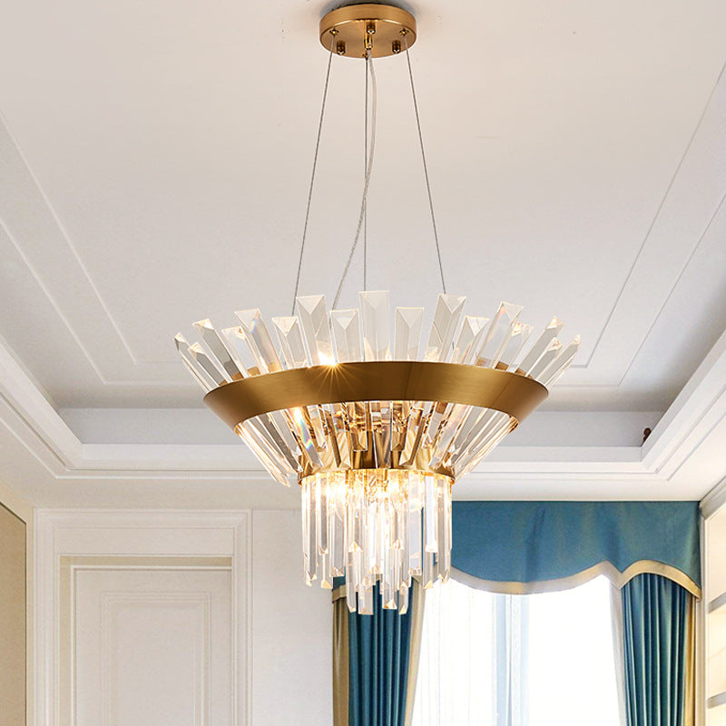 7"/14" H Crystal Tapered Icicle Chandelier Light Fixture Transitional 9-Light Gold Hanging Pendant Light Gold 14" Clearhalo 'Ceiling Lights' 'Chandeliers' 'Modern Chandeliers' 'Modern' Lighting' 225250