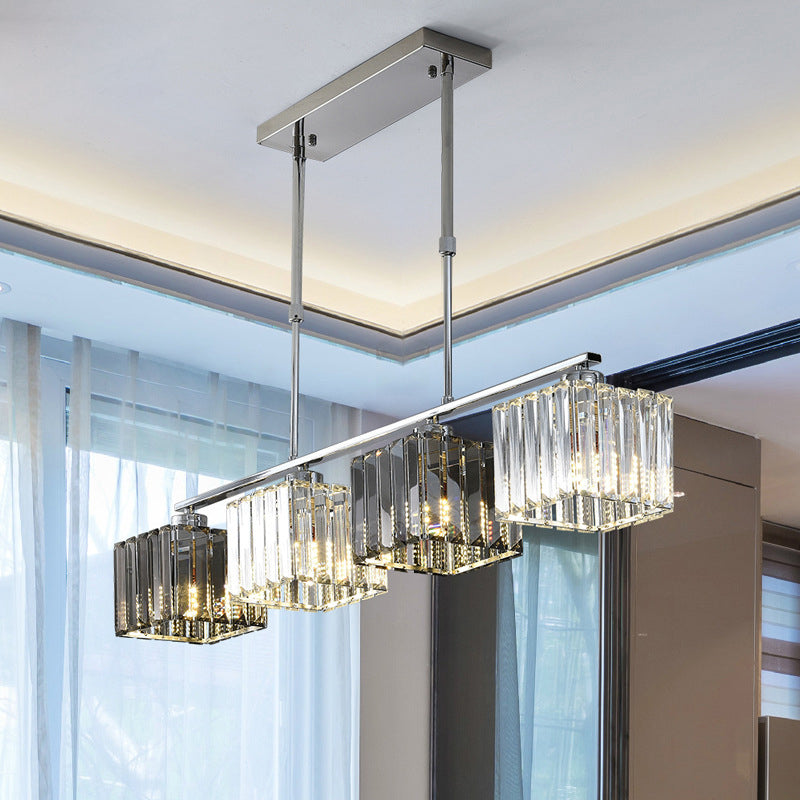 Cube Island Ceiling Light Modernism Crystal Shaded 3/4 Lights Chrome Pendant Light over Table Clearhalo 'Ceiling Lights' 'Island Lights' Lighting' 225262