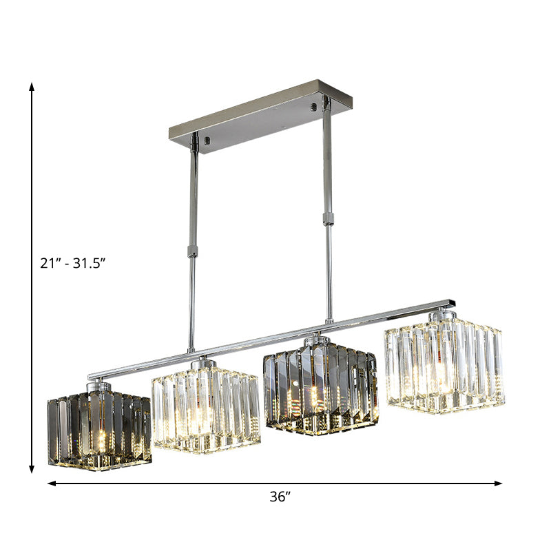 Cube Island Ceiling Light Modernism Crystal Shaded 3/4 Lights Chrome Pendant Light over Table Clearhalo 'Ceiling Lights' 'Island Lights' Lighting' 225265