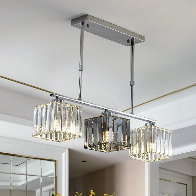 Cube Island Ceiling Light Modernism Crystal Shaded 3/4 Lights Chrome Pendant Light over Table 3 Chrome Clearhalo 'Ceiling Lights' 'Island Lights' Lighting' 225266