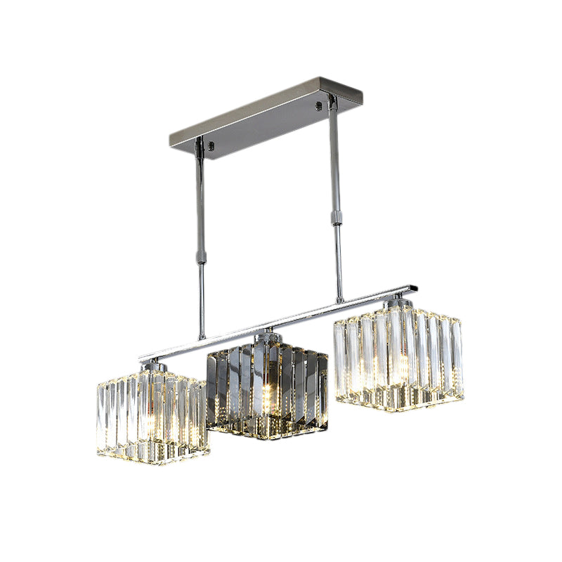 Cube Island Ceiling Light Modernism Crystal Shaded 3/4 Lights Chrome Pendant Light over Table Clearhalo 'Ceiling Lights' 'Island Lights' Lighting' 225268