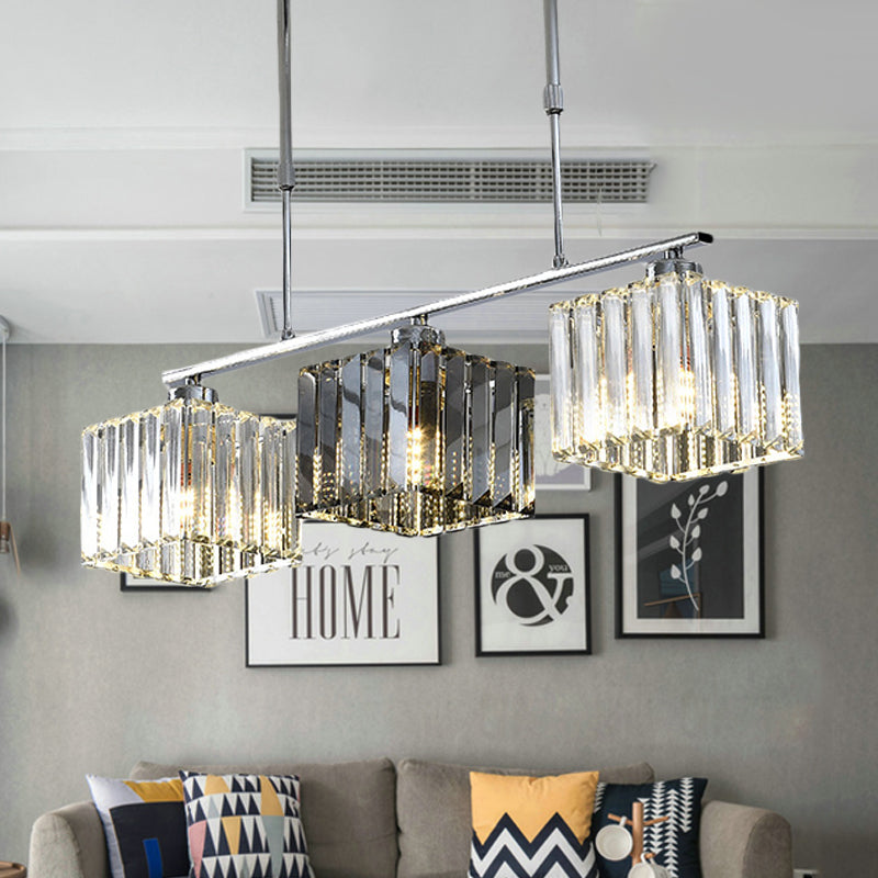 Cube Island Ceiling Light Modernism Crystal Shaded 3/4 Lights Chrome Pendant Light over Table Clearhalo 'Ceiling Lights' 'Island Lights' Lighting' 225270