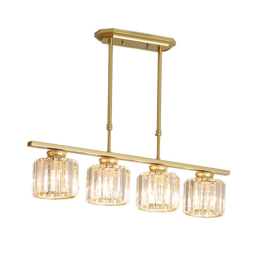 3/4 Lights Dining Room Drum Shaped Ceiling Pendant Modernist Crystal Shaded Hanging Lamp over Island in Brass Clearhalo 'Ceiling Lights' 'Island Lights' Lighting' 225274