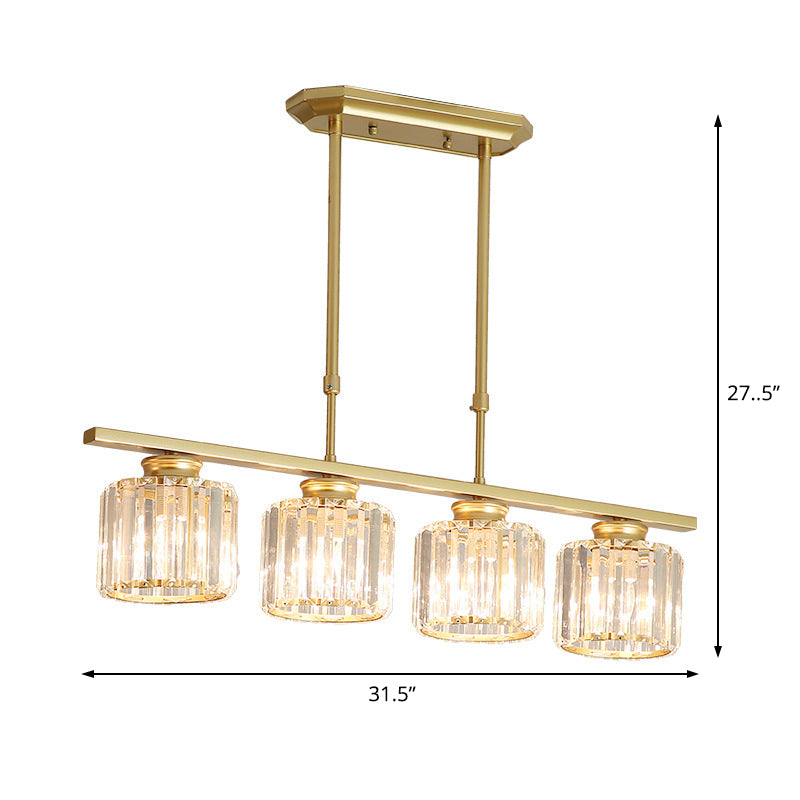 3/4 Lights Dining Room Drum Shaped Ceiling Pendant Modernist Crystal Shaded Hanging Lamp over Island in Brass Clearhalo 'Ceiling Lights' 'Island Lights' Lighting' 225275