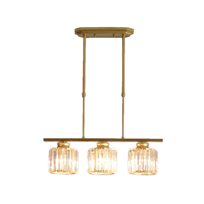 3/4 Lights Dining Room Drum Shaped Ceiling Pendant Modernist Crystal Shaded Hanging Lamp over Island in Brass Clearhalo 'Ceiling Lights' 'Island Lights' Lighting' 225278