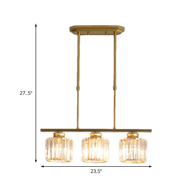 3/4 Lights Dining Room Drum Shaped Ceiling Pendant Modernist Crystal Shaded Hanging Lamp over Island in Brass Clearhalo 'Ceiling Lights' 'Island Lights' Lighting' 225279