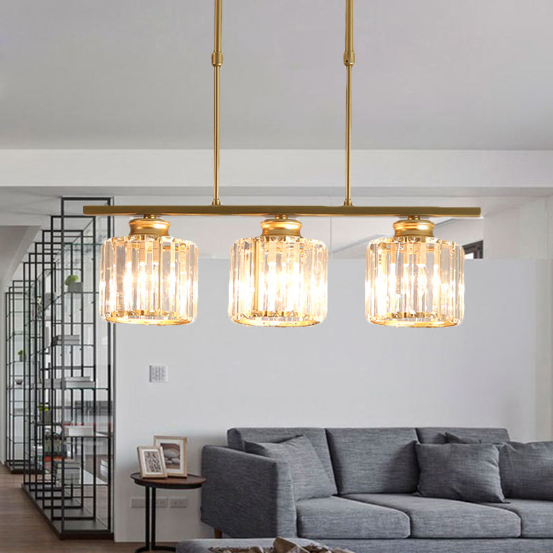 3/4 Lights Dining Room Drum Shaped Ceiling Pendant Modernist Crystal Shaded Hanging Lamp over Island in Brass Clearhalo 'Ceiling Lights' 'Island Lights' Lighting' 225280