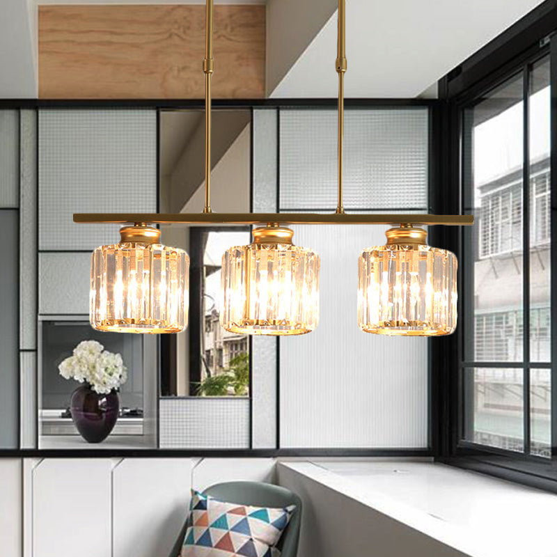 3/4 Lights Dining Room Drum Shaped Ceiling Pendant Modernist Crystal Shaded Hanging Lamp over Island in Brass 3 Brass Clearhalo 'Ceiling Lights' 'Island Lights' Lighting' 225281