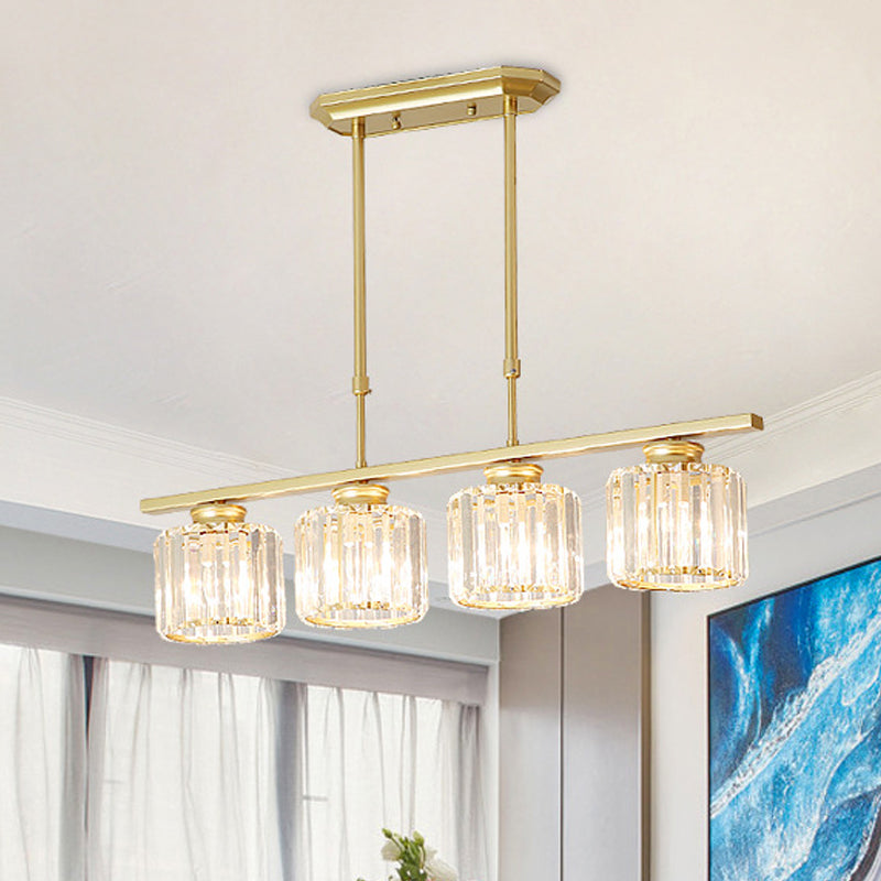 3/4 Lights Dining Room Drum Shaped Ceiling Pendant Modernist Crystal Shaded Hanging Lamp over Island in Brass 4 Brass Clearhalo 'Ceiling Lights' 'Island Lights' Lighting' 225282