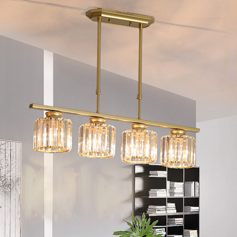 3/4 Lights Dining Room Drum Shaped Ceiling Pendant Modernist Crystal Shaded Hanging Lamp over Island in Brass Clearhalo 'Ceiling Lights' 'Island Lights' Lighting' 225283