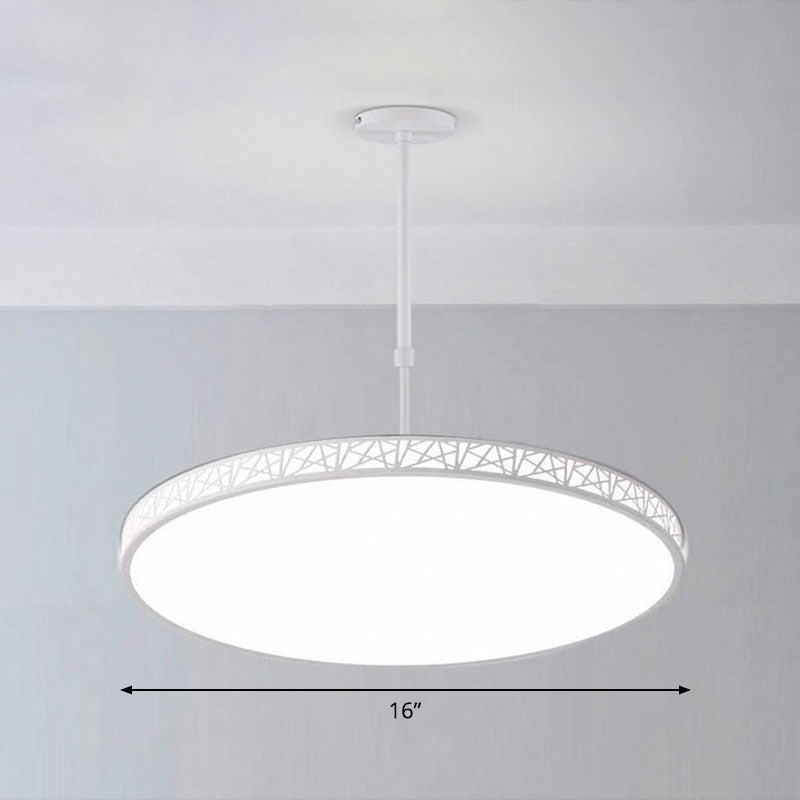 Metallic Hollow-Carved LED Suspension Light Modern Style Chandelier Lighting for Conference Room White 16" White Clearhalo 'Ceiling Lights' 'Chandeliers' 'Modern Chandeliers' 'Modern' Lighting' 2252857