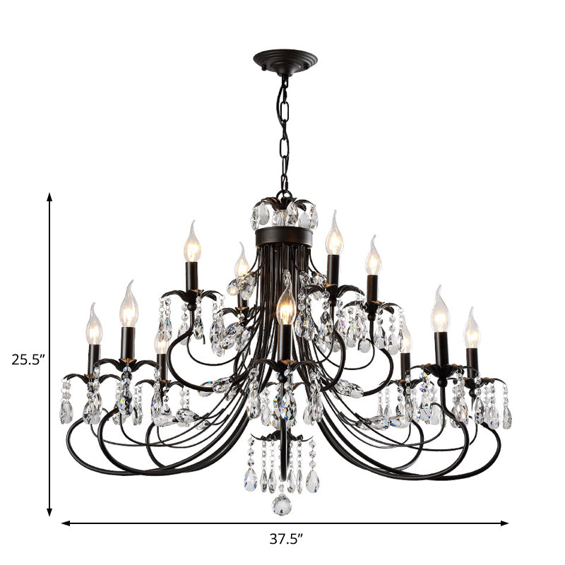 Tiered Candle Chandelier Pendant Traditional Iron 6/8/12 Lights Black Hanging Pendant Light with Crystal Drops Clearhalo 'Ceiling Lights' 'Chandeliers' 'Modern Chandeliers' 'Modern' Lighting' 225302