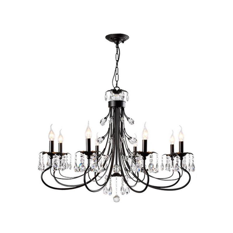 Tiered Candle Chandelier Pendant Traditional Iron 6/8/12 Lights Black Hanging Pendant Light with Crystal Drops Clearhalo 'Ceiling Lights' 'Chandeliers' 'Modern Chandeliers' 'Modern' Lighting' 225305