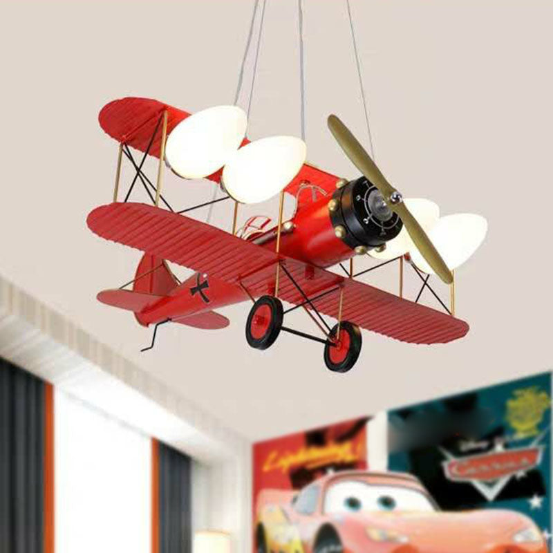 Kids Style Plane Chandelier Lamp Metallic Nursery LED Hanging Light with Opal Glass Shade Red Clearhalo 'Ceiling Lights' 'Chandeliers' Lighting' options 2253053_02ada23a-075d-4f2e-bcd8-f5c0aa8c0d6a