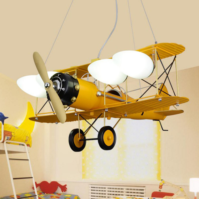 Kids Style Plane Chandelier Lamp Metallic Nursery LED Hanging Light with Opal Glass Shade Yellow Clearhalo 'Ceiling Lights' 'Chandeliers' Lighting' options 2253056_b75861f0-9835-49b1-875e-157087bfdbef