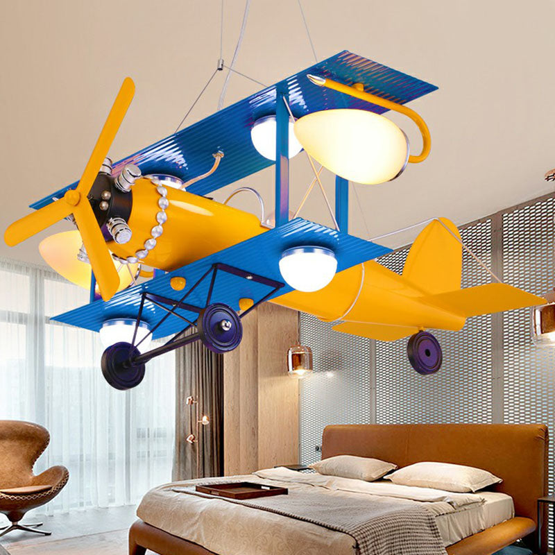 Jet Plane LED Ceiling Lighting Childrens Metallic Nursery Chandelier Light with Cream Glass Shade in Yellow Yellow Clearhalo 'Ceiling Lights' 'Chandeliers' Lighting' options 2253058_38178f24-821e-4c5e-a316-23f642e3cc40