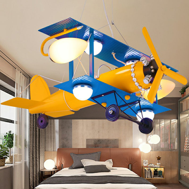 Jet Plane LED Ceiling Lighting Childrens Metallic Nursery Chandelier Light with Cream Glass Shade in Yellow Clearhalo 'Ceiling Lights' 'Chandeliers' Lighting' options 2253059