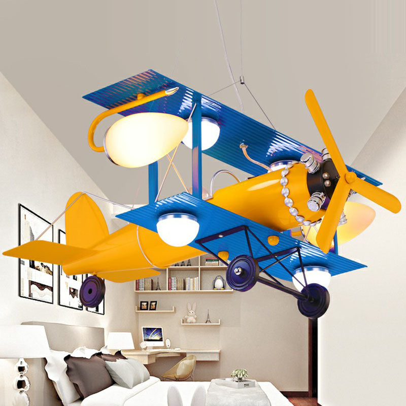 Jet Plane LED Ceiling Lighting Childrens Metallic Nursery Chandelier Light with Cream Glass Shade in Yellow Clearhalo 'Ceiling Lights' 'Chandeliers' Lighting' options 2253062