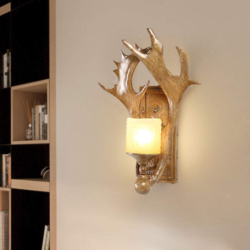 Antler Resin Wall Mount Light Retro 1-Light Study Room Wall Lighting with Frosted Glass Shade in Brown Clearhalo 'Wall Lamps & Sconces' 'Wall Lights' Lighting' 2253183
