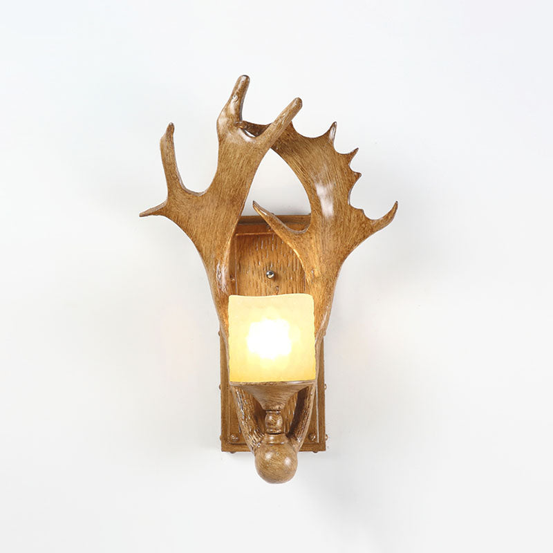 Antler Resin Wall Mount Light Retro 1-Light Study Room Wall Lighting with Frosted Glass Shade in Brown Brown Clearhalo 'Wall Lamps & Sconces' 'Wall Lights' Lighting' 2253184