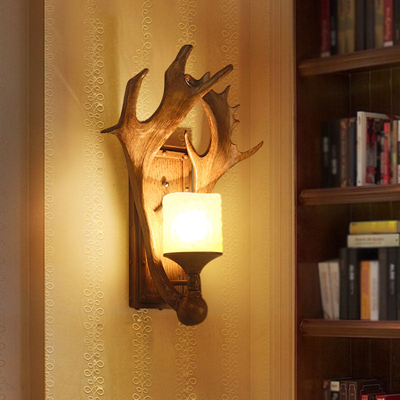 Antler Resin Wall Mount Light Retro 1-Light Study Room Wall Lighting with Frosted Glass Shade in Brown Clearhalo 'Wall Lamps & Sconces' 'Wall Lights' Lighting' 2253185