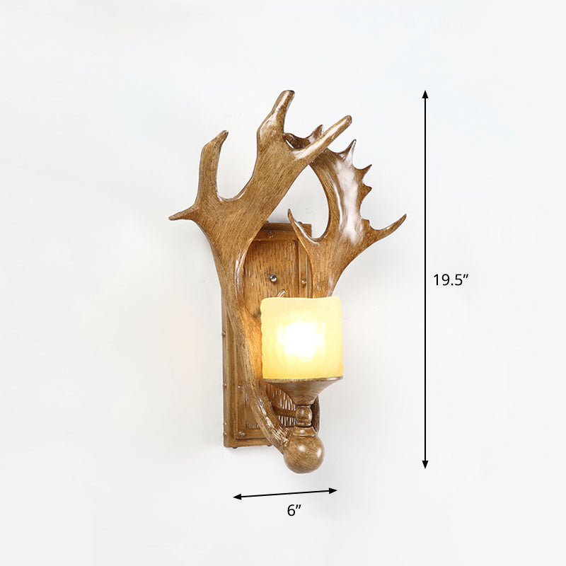 Antler Resin Wall Mount Light Retro 1-Light Study Room Wall Lighting with Frosted Glass Shade in Brown Clearhalo 'Wall Lamps & Sconces' 'Wall Lights' Lighting' 2253188