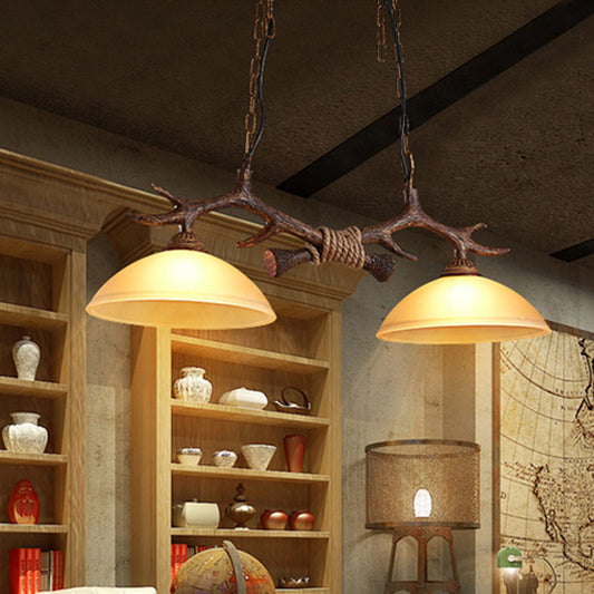 Beige Glass Dark Coffee Pendant Light Dome 2 Heads Restaurant Hanging Island Light with Antler Decor Dark Coffee Clearhalo 'Ceiling Lights' 'Island Lights' Lighting' 2253194