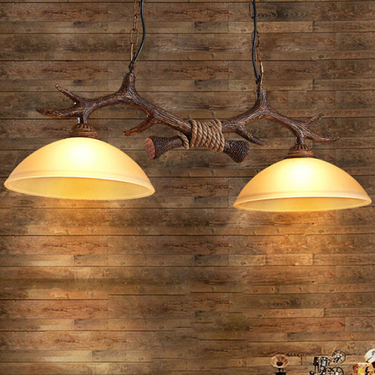 Beige Glass Dark Coffee Pendant Light Dome 2 Heads Restaurant Hanging Island Light with Antler Decor Clearhalo 'Ceiling Lights' 'Island Lights' Lighting' 2253196