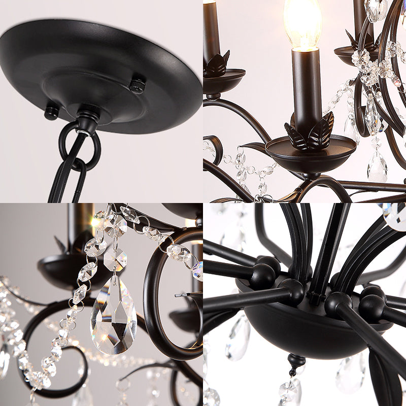 6/8 Lights Candle Chandelier Traditional Black Metallic Pendant Ceiling Light with Crystal Accents Clearhalo 'Ceiling Lights' 'Chandeliers' 'Modern Chandeliers' 'Modern' Lighting' 225326