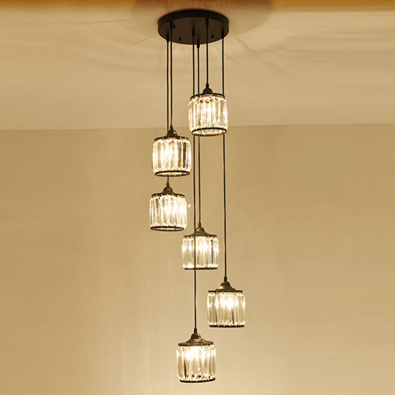 Modern Drum Multi Light Pendant Tri-Prism Crystal Staircase Hanging Lighting in Black 6 Black Clearhalo 'Ceiling Lights' 'Modern Pendants' 'Modern' 'Pendant Lights' 'Pendants' Lighting' 2253573