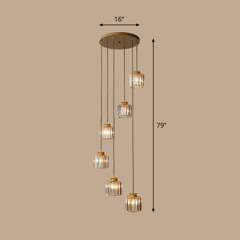 Spiral Cylinder Multi Ceiling Lamp Contemporary Prismatic Crystal Stairwell Suspension Light Fixture 6 Gold Warm Clearhalo 'Ceiling Lights' 'Modern Pendants' 'Modern' 'Pendant Lights' 'Pendants' Lighting' 2253578